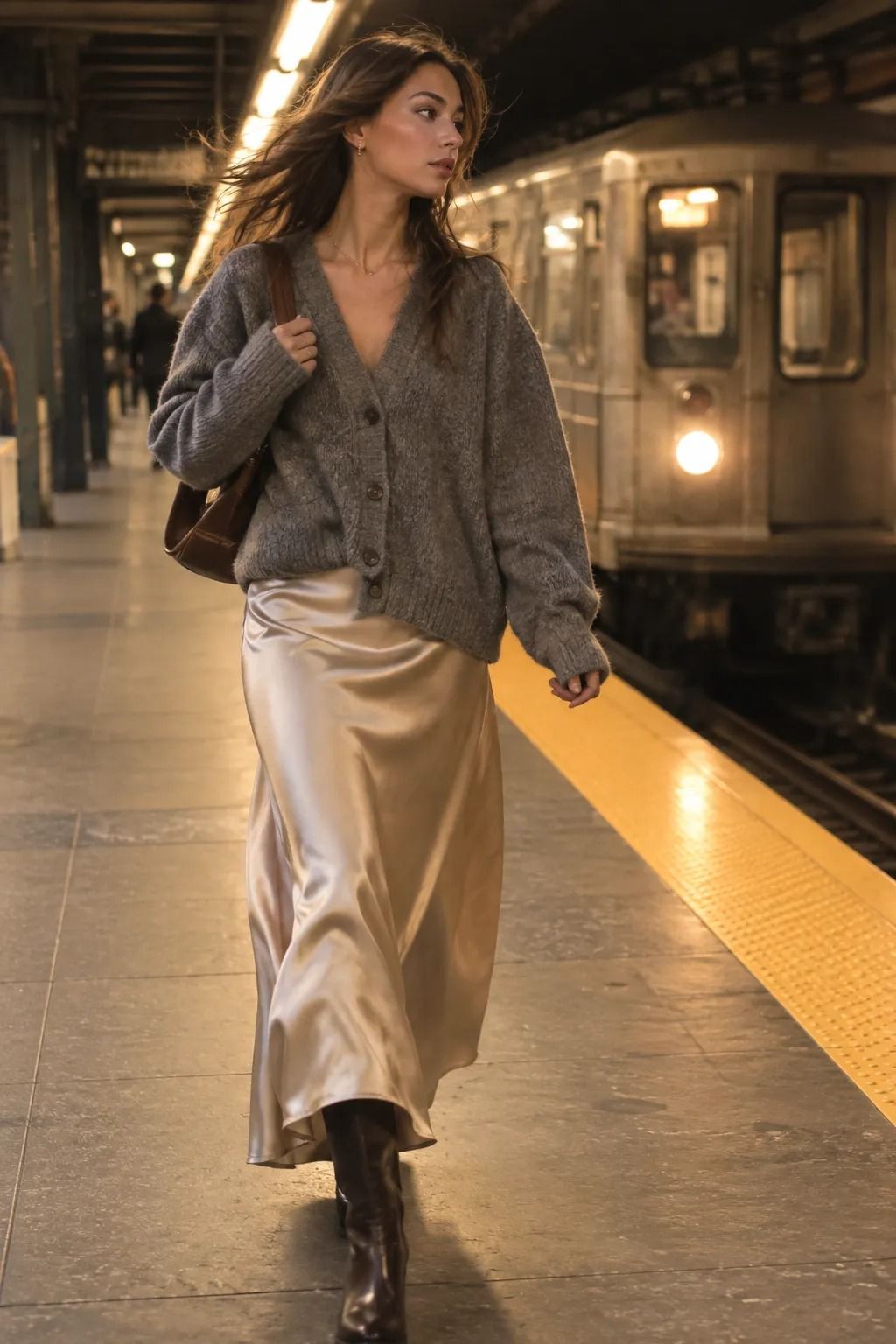 Satin Skirt With an Oversized Cardigan