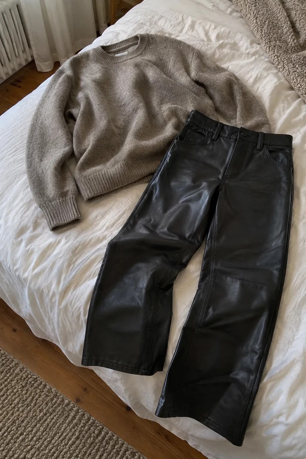 Leather Trousers Against a Slouchy Sweater