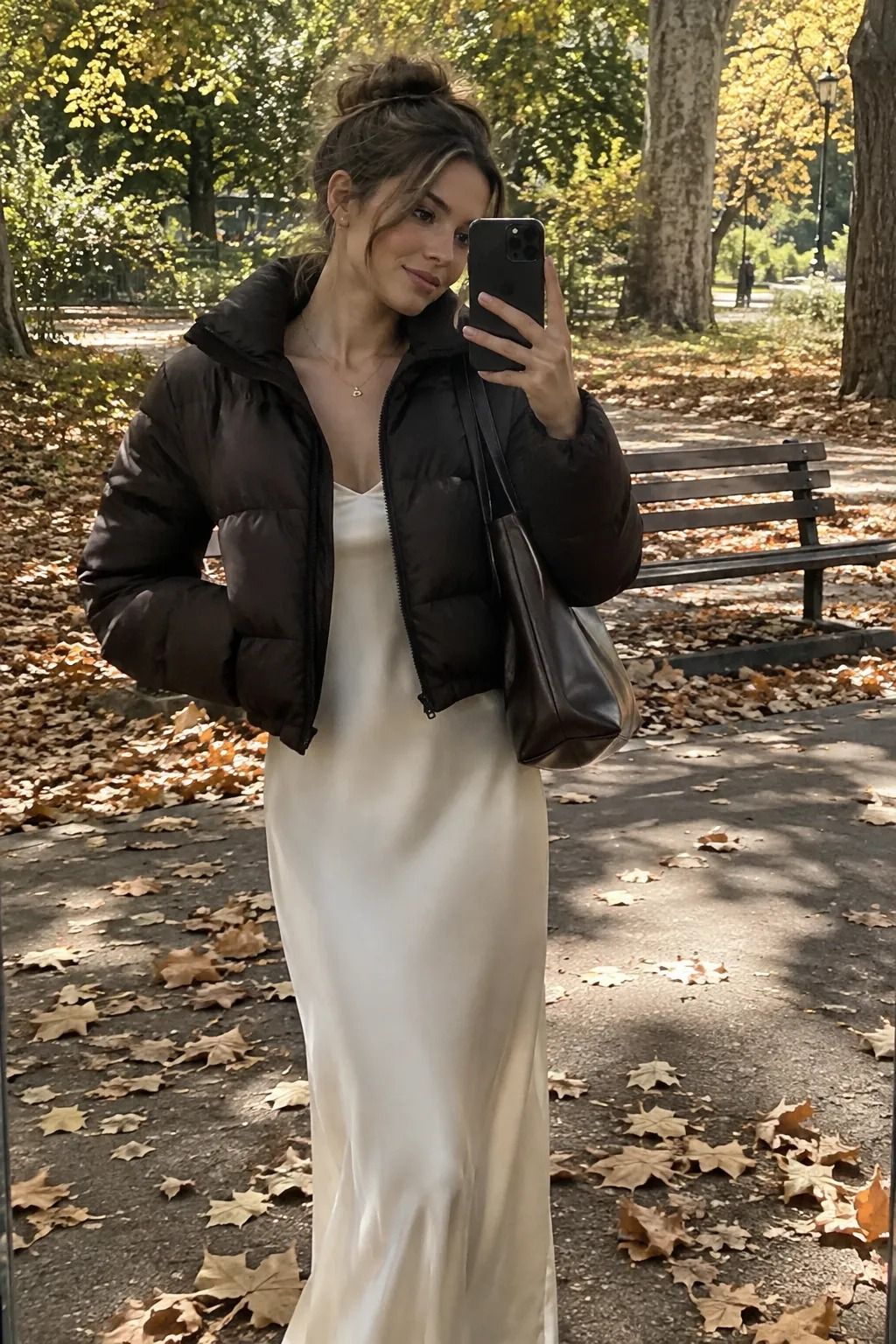 Cropped Puffer Over a Slip Dress
