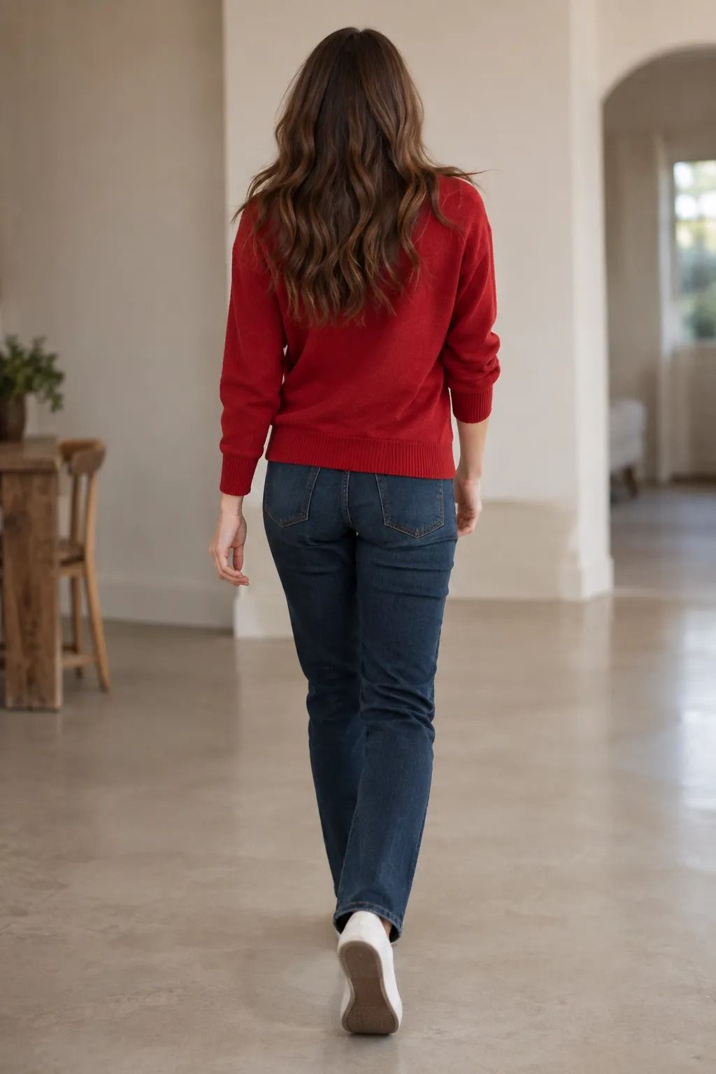 Red Sweater Paired With Dark-Wash Jeans