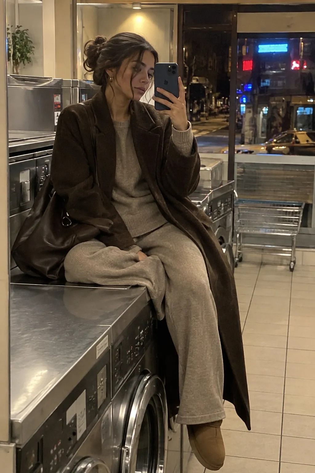 The One-Coat Rule: Longline Coat Over a Matching Knit Set