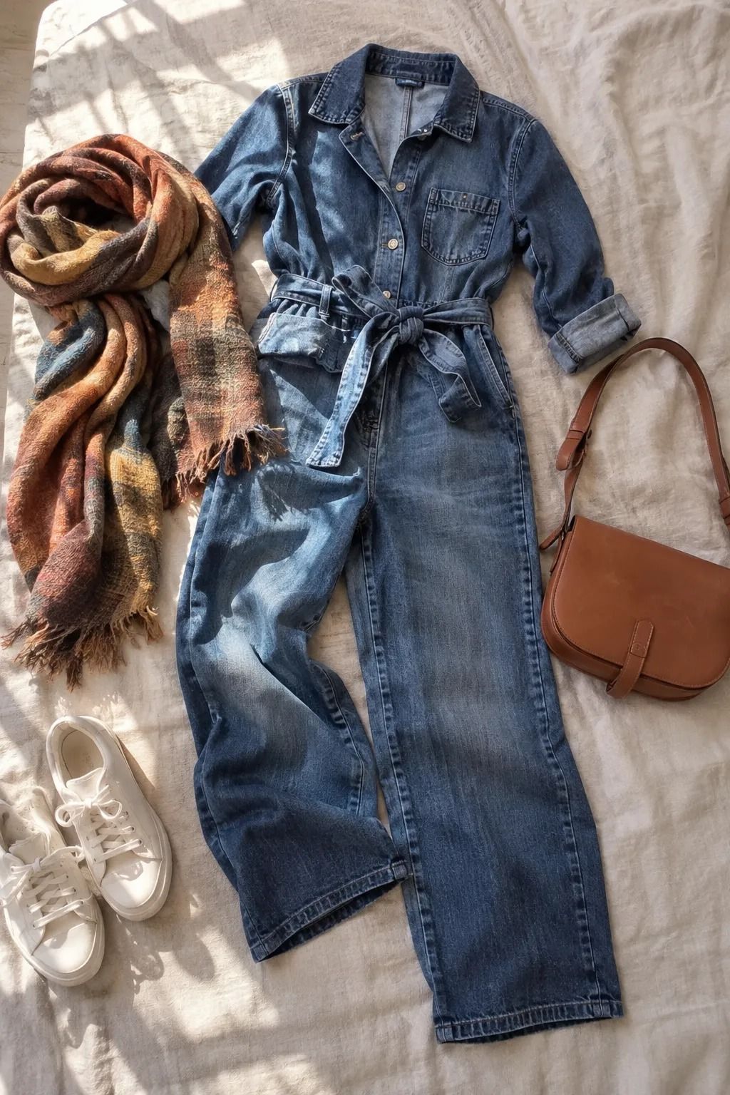 Textured Scarf Styled With a Denim Jumpsuit