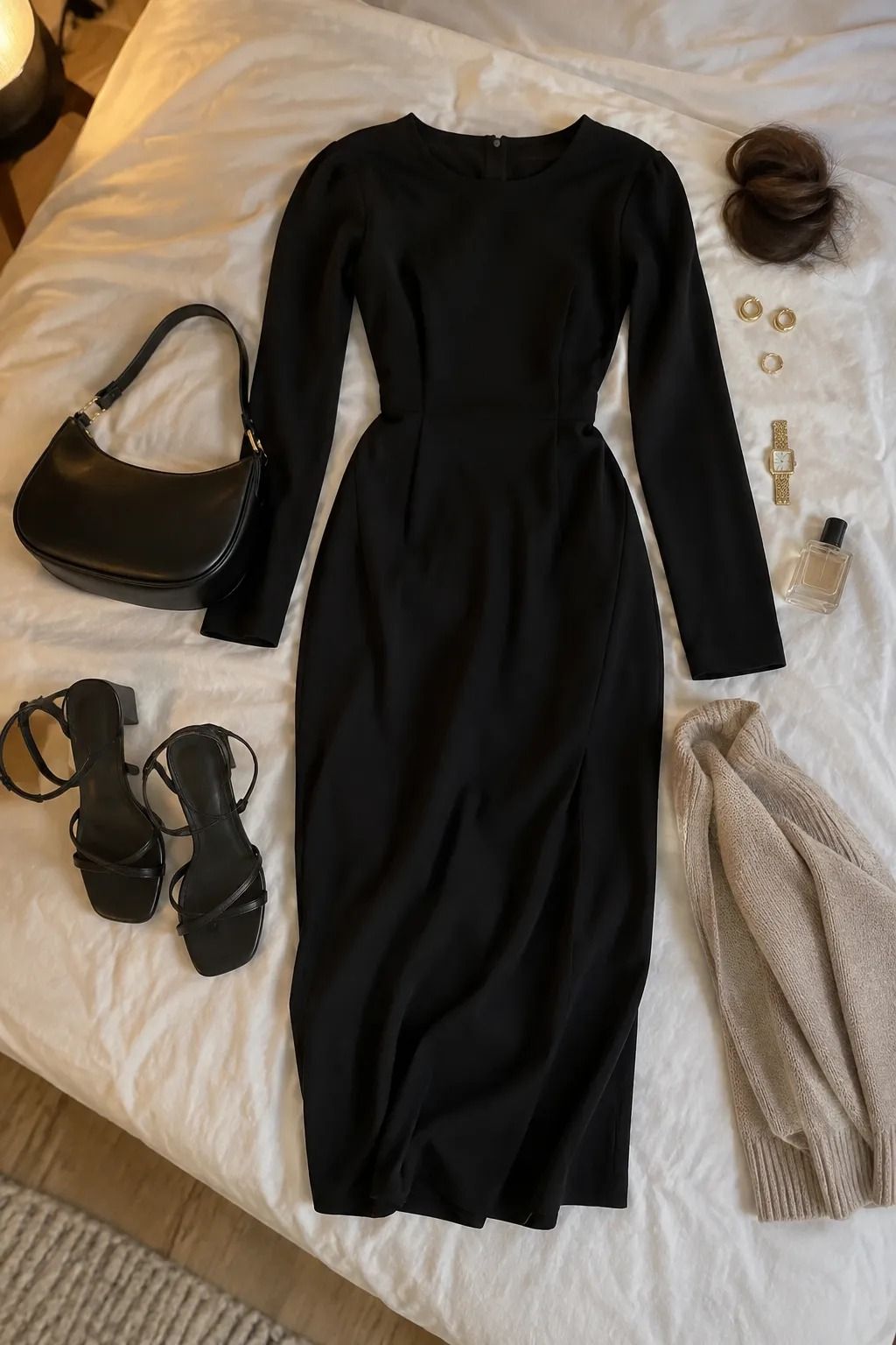Long Sleeve Crepe Dress with Sleek Bun