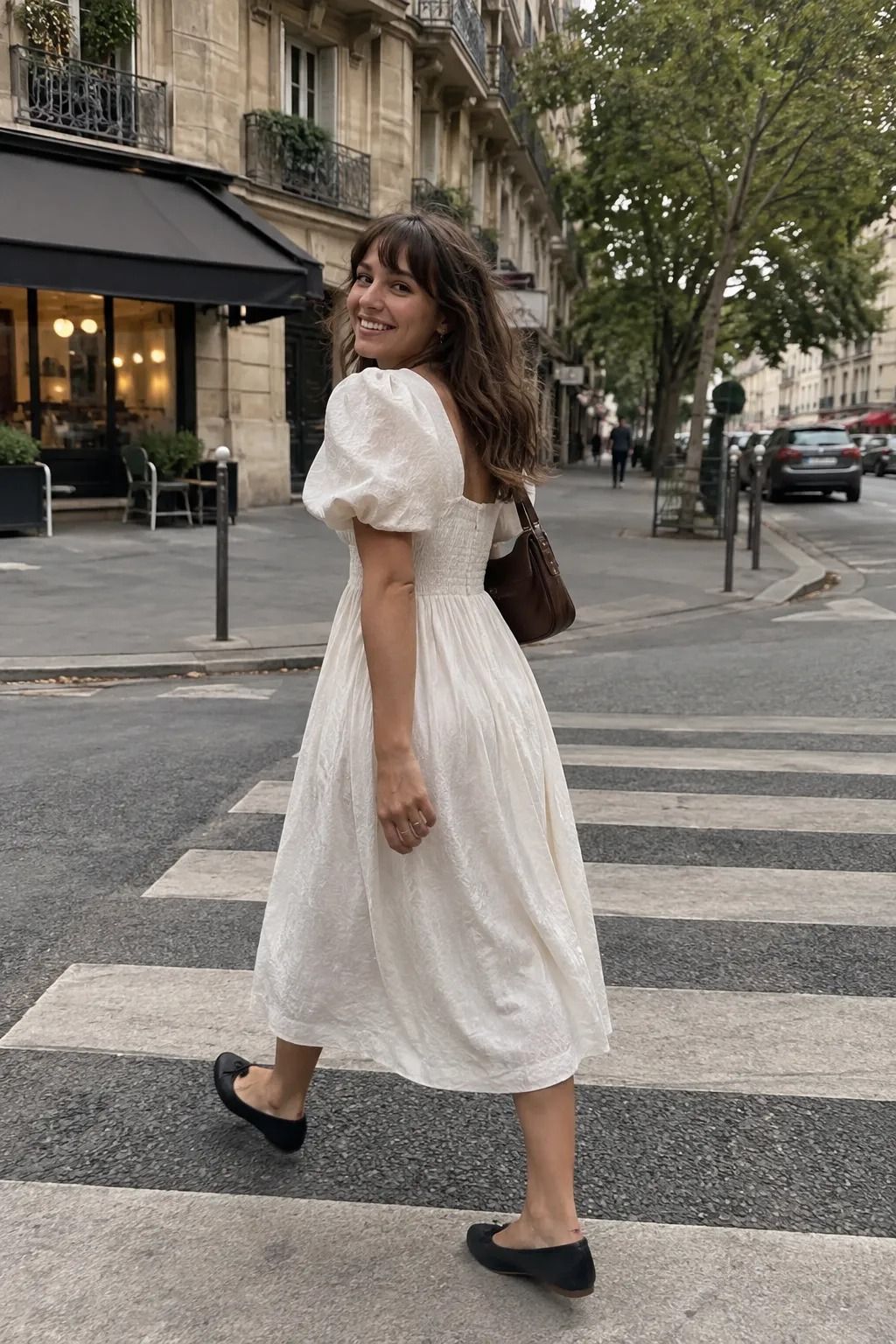 Puff Sleeve Midi Dress with Ballet Flats