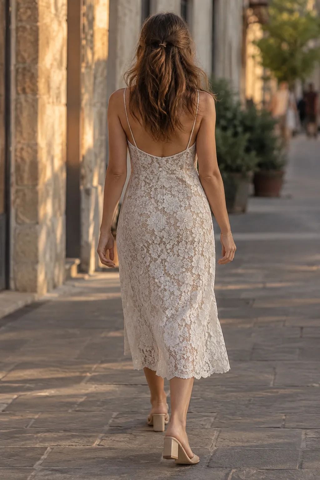 Lace Overlay Dress with Low Block Heels