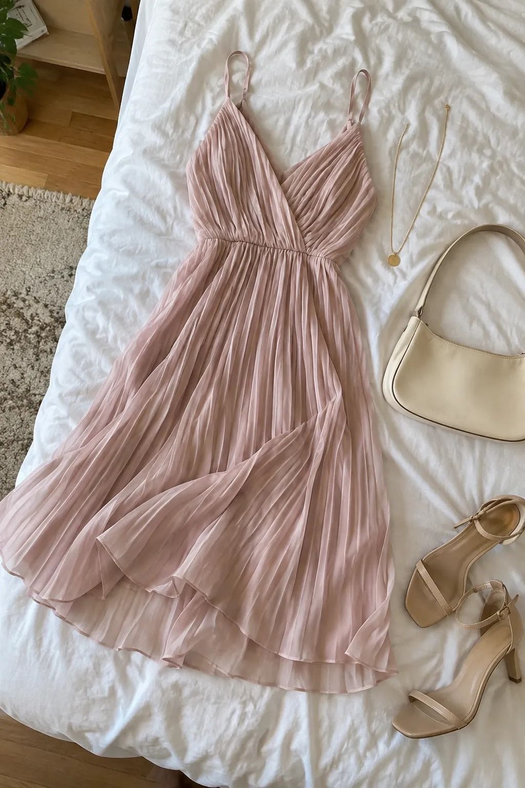 Pleated Chiffon Dress with Delicate Pendant