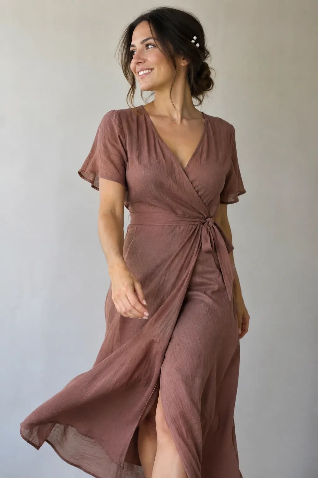Belted Wrap Dress with Pearl Hairpins