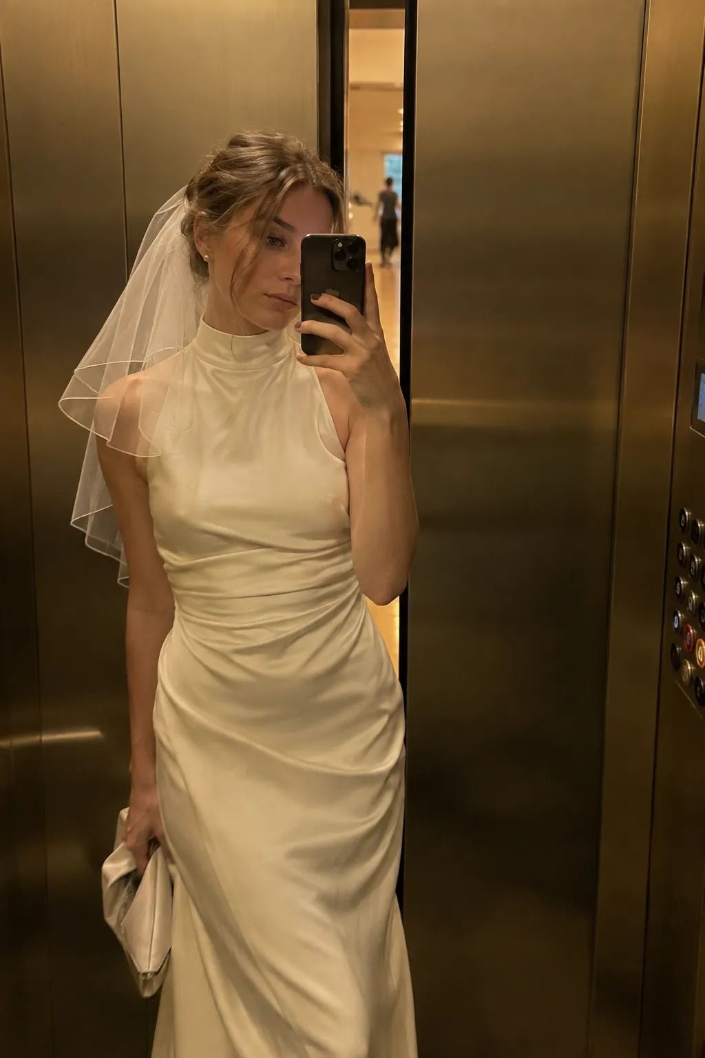 High Neck Dress with Short Blusher Veil