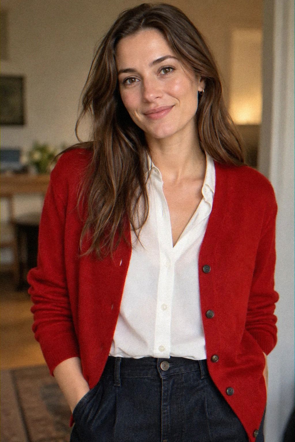 Use a White Blouse Under a Red Cardigan