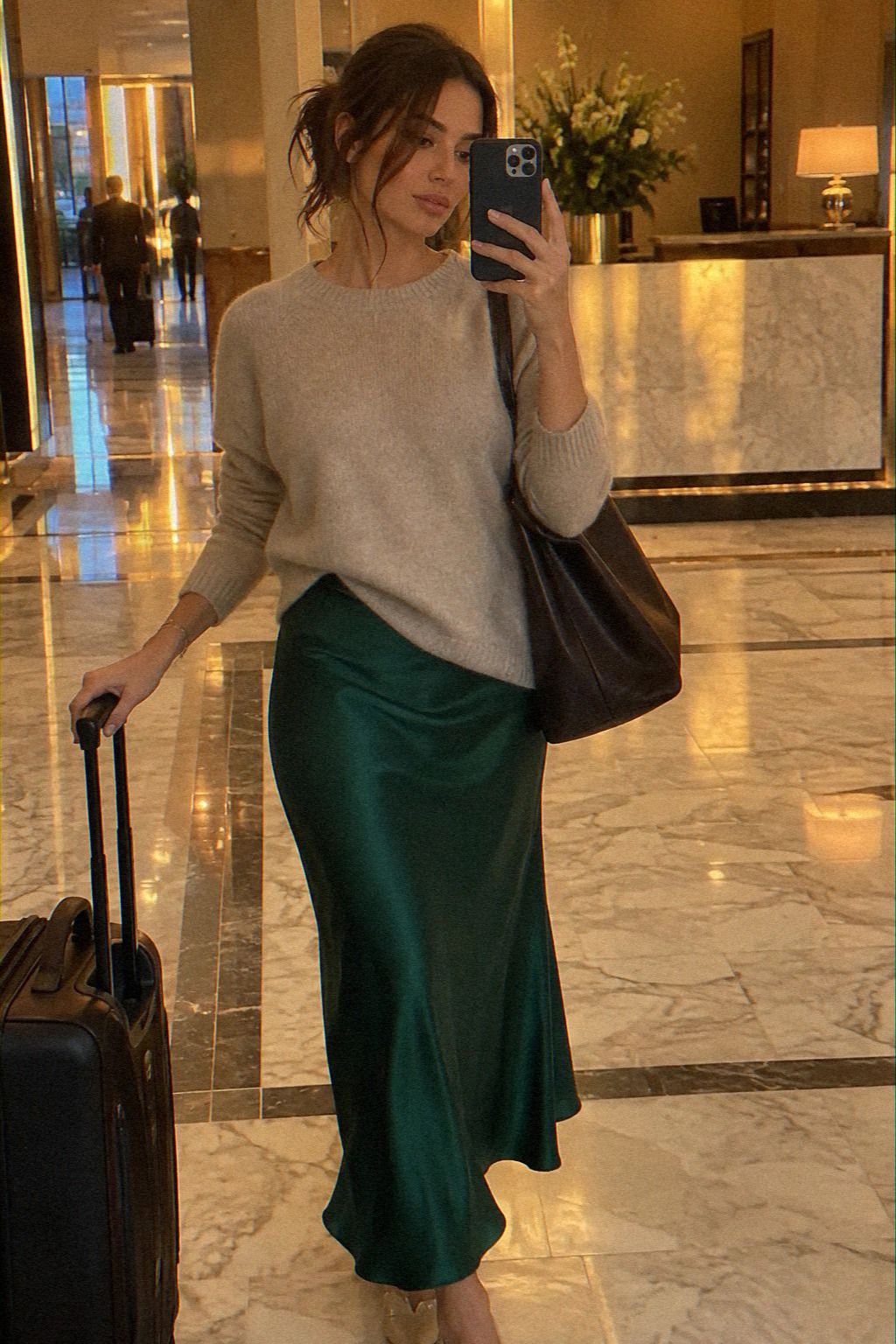 Balance an Emerald Slip Skirt With a Cashmere Sweater