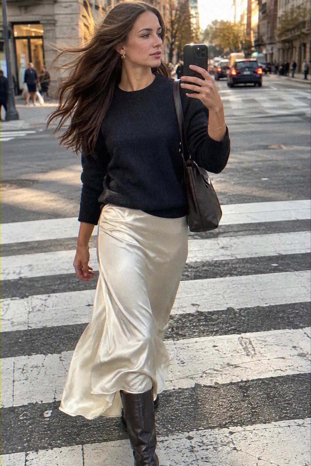 Fine-Gauge Sweater Meets Satin Skirt