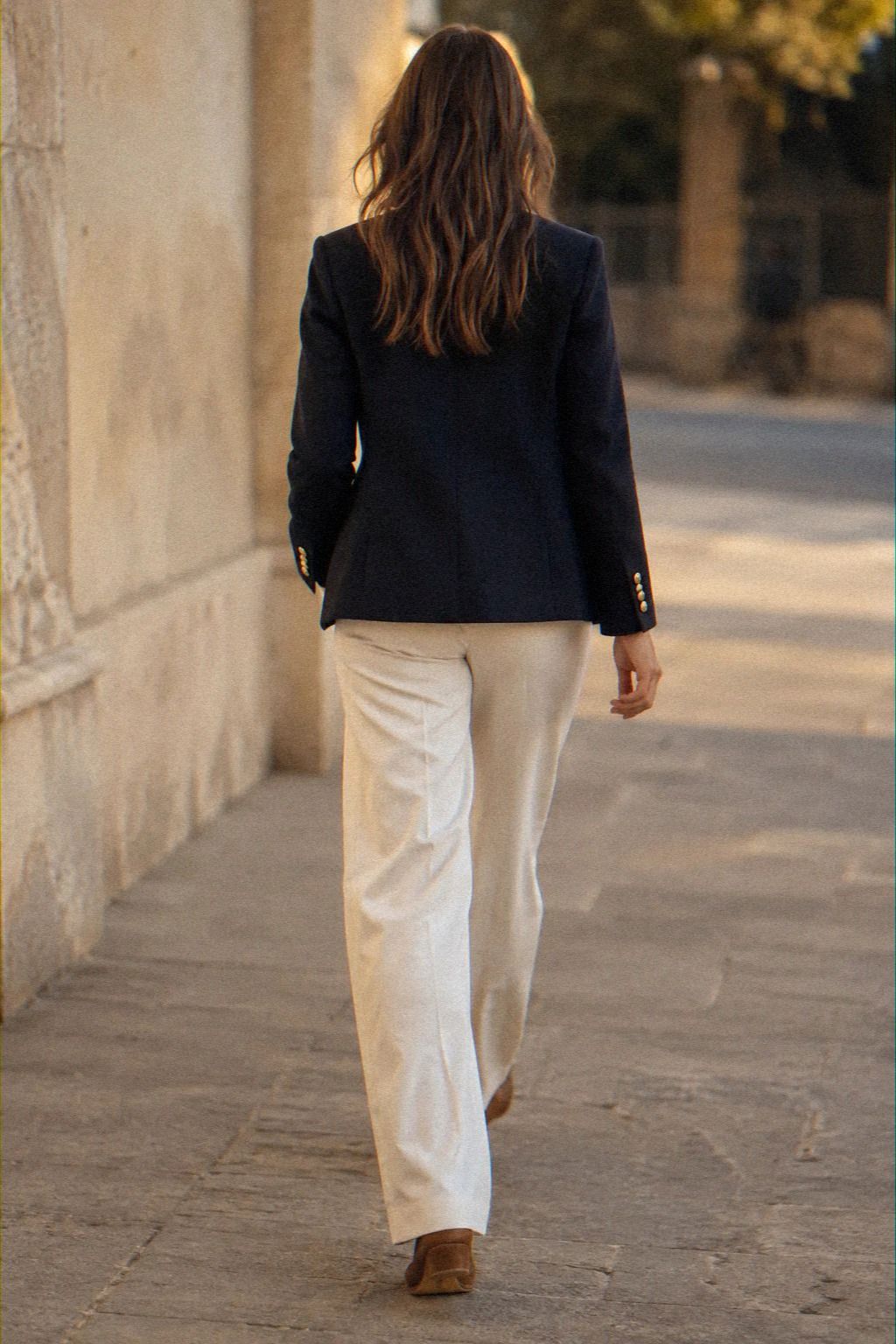 Structured Navy Blazer With Ivory Trousers