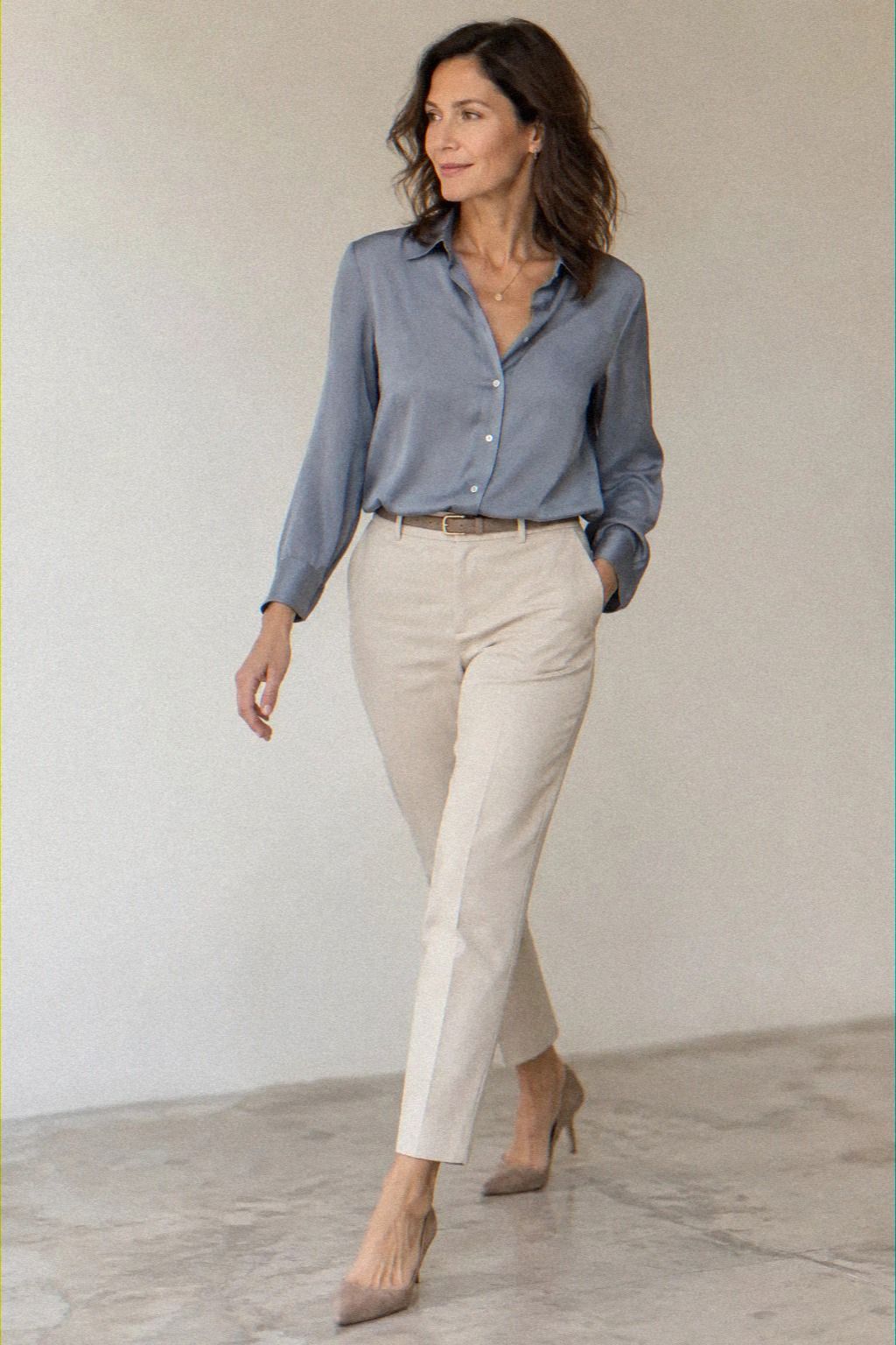 Muted Blue Blouse With Cigarette Pants