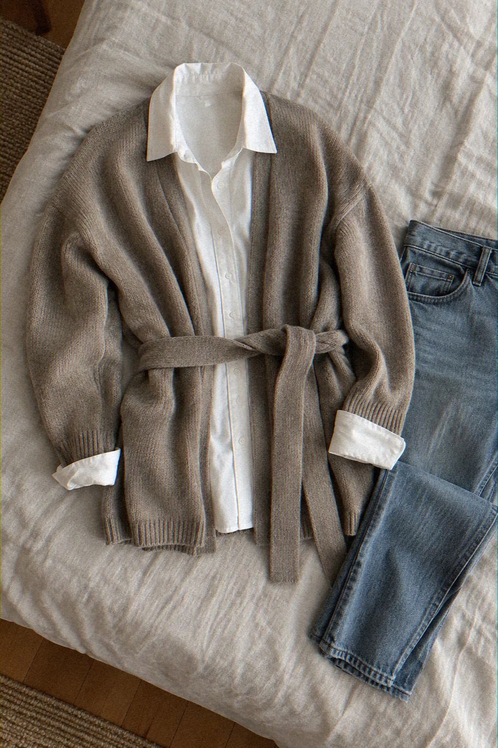 Start with a Cardigan Belted Over a Button-Down