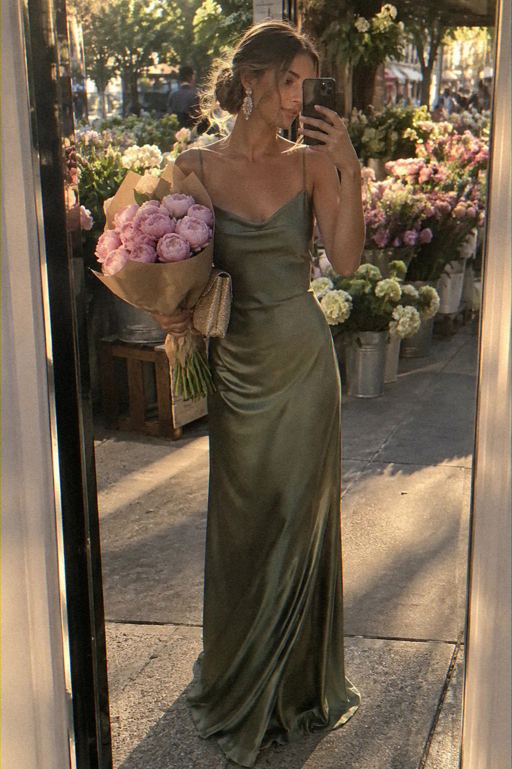Satin Slip Dresses With Crystal Drop Earrings
