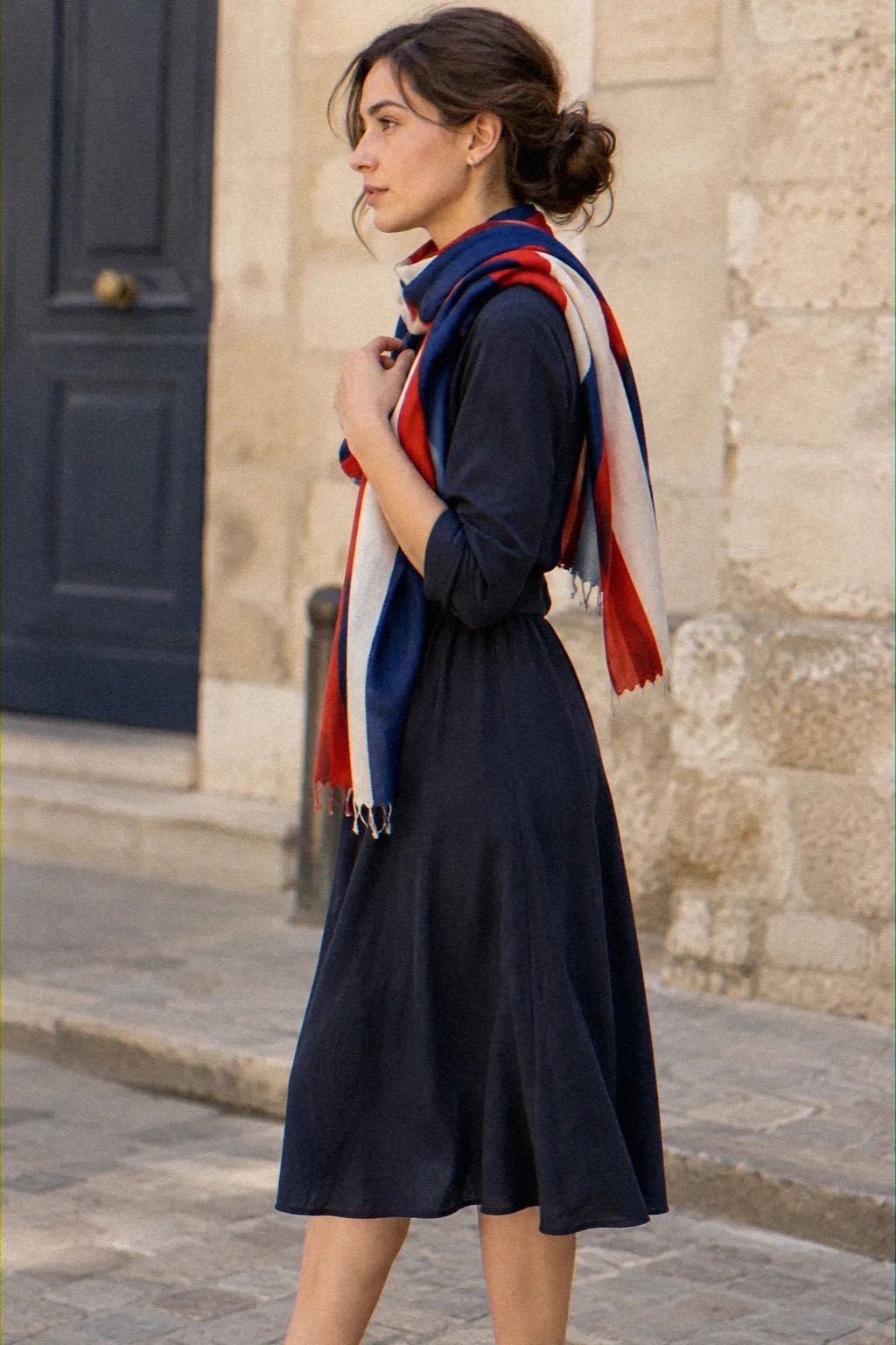 A Flag-Colored Scarf With a Midi Dress