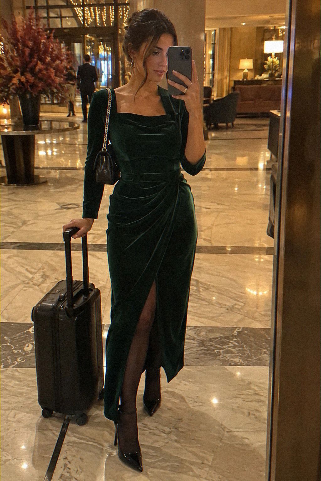 Layer the Jewel-Tone Velvet Midi Dress With Thermal Tights
