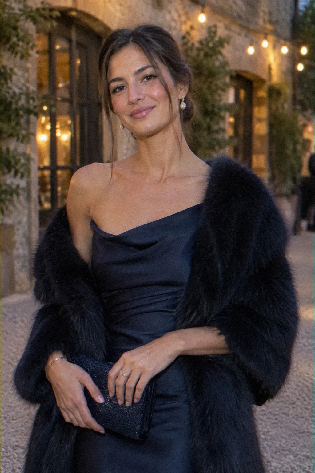 Anchor the Monochrome Suit With a Faux-Fur Stole