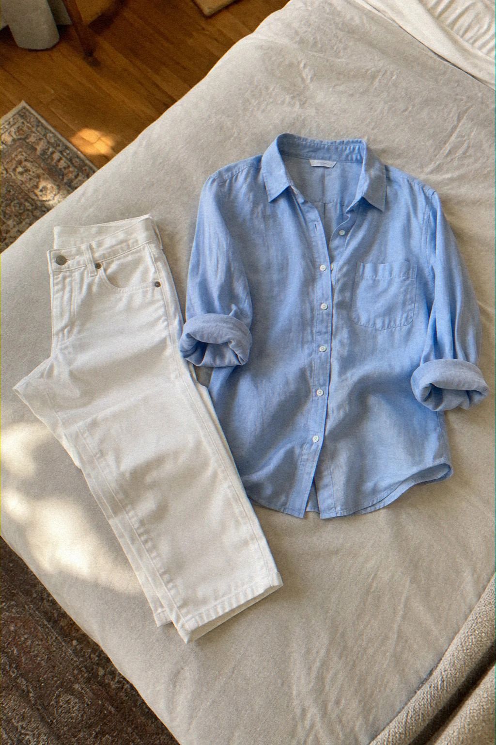 Why White Denim Works With a Soft Blue Button-Down