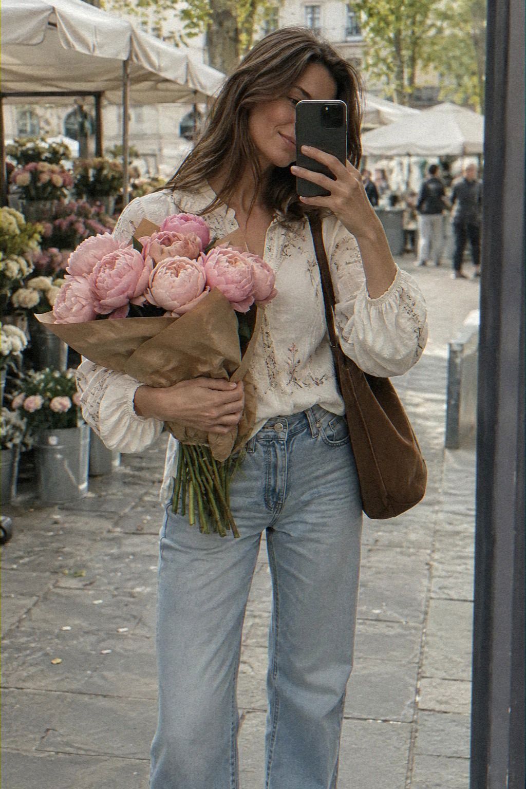 Keep an Embroidered Top Grounded With Straight-Leg Jeans