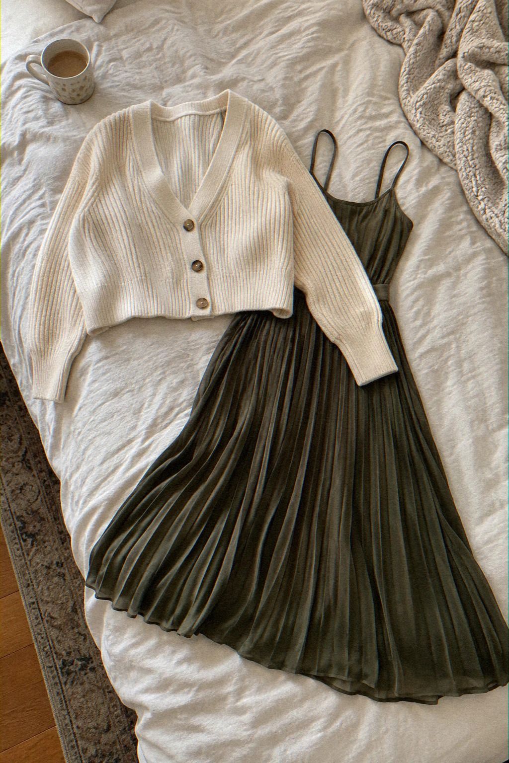 Define a Pleated Dress With a Cropped Cardigan