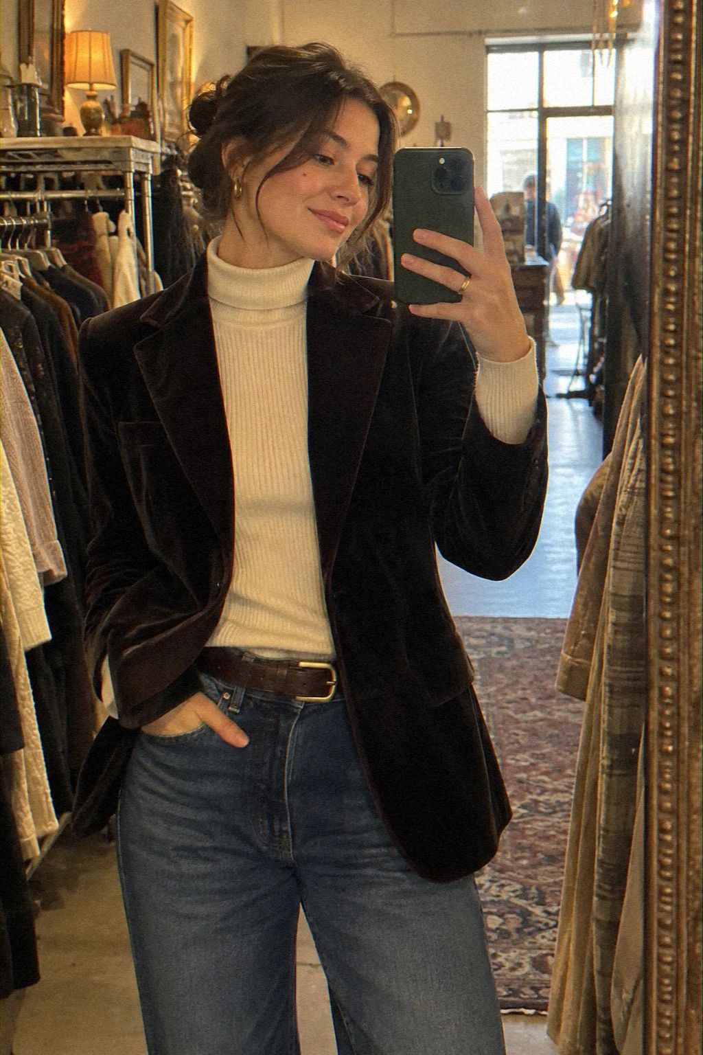Start With a Velvet Blazer Over a Thermal Turtleneck