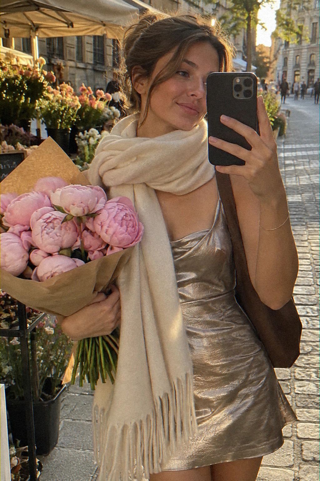 Style a Plush Scarf Over a Metallic Mini Dress