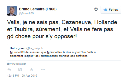 twitter-un-elu-fn-de-perpignan-ecrit-que-taubira-et-hollande-ont-pour-objectif-dexterminer-ethniquement-les-chretiens