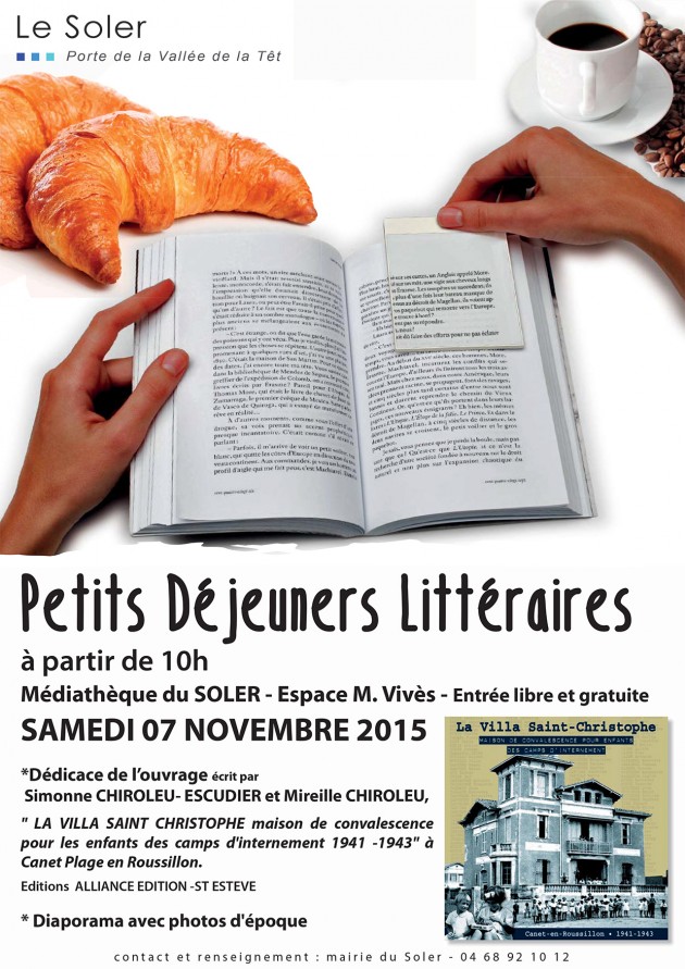 Petits Déjeuners Littéraires, samedi 7 novembre 2015 à la Médiathèque du Soler