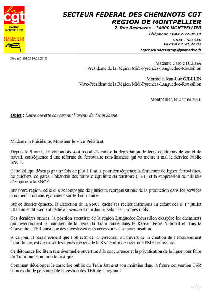 lettre ouverte du secteur fédéral des cheminots de la région de Montpellier portant sur l'avenir du Train Jaune