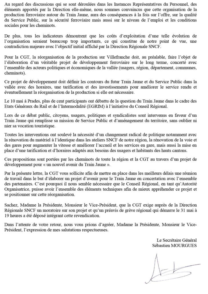 lettre ouverte du secteur fédéral des cheminots de la région de Montpellier portant sur l'avenir du Train Jaune