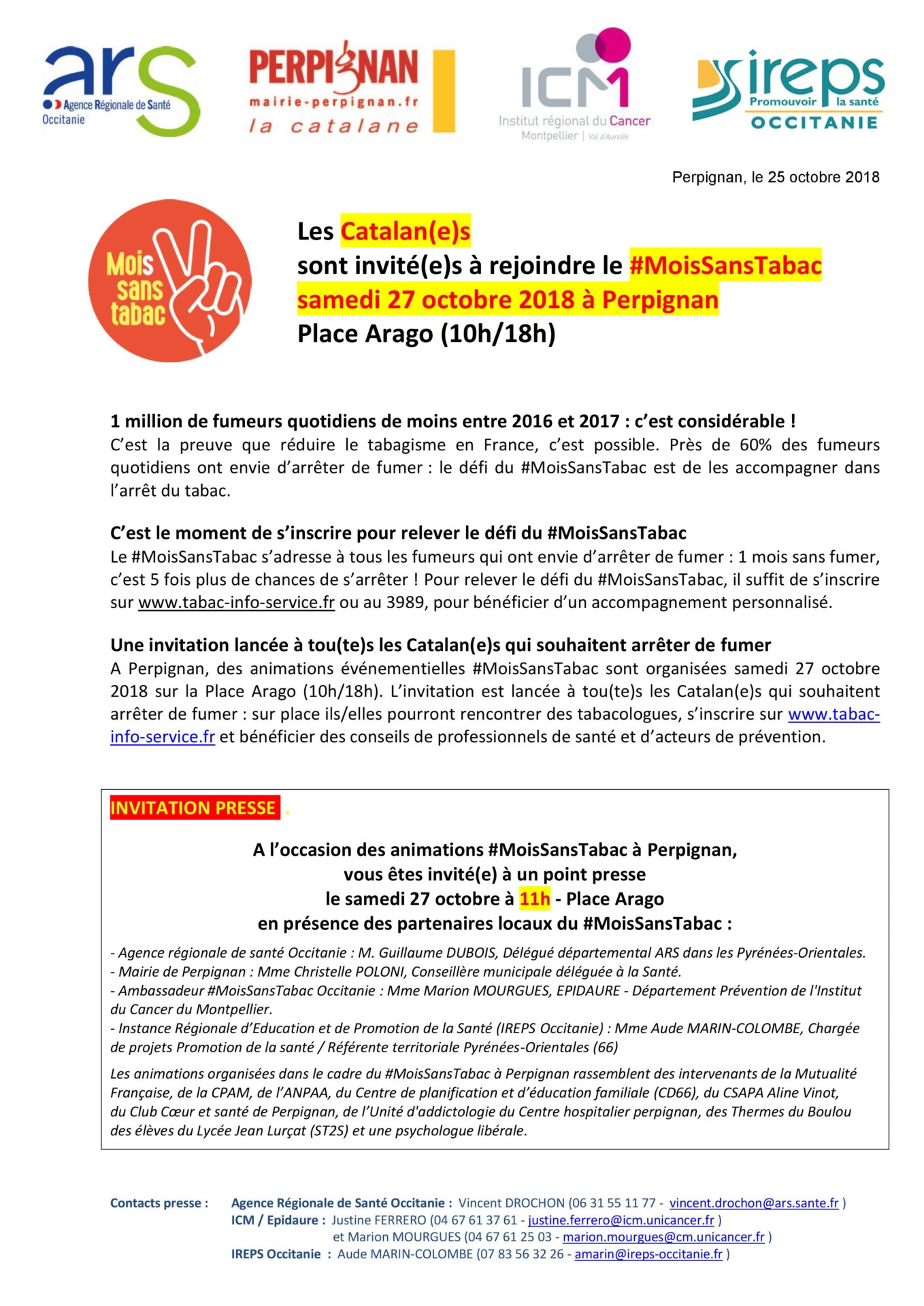 Le #MoisSansTabac, samedi 27 octobre 2018 à Perpignan est reporté