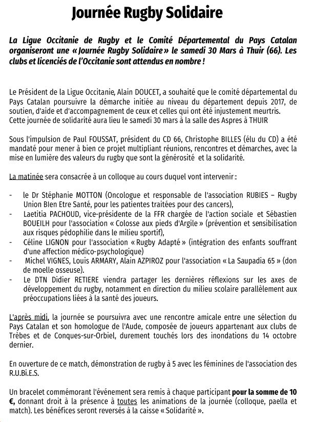 Journée Rugby Solidaire, le samedi 30 mars à Thuir