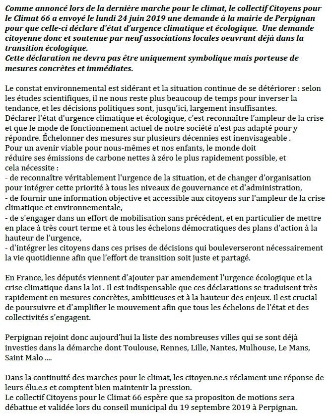 Le collectif Citoyens pour le Climat 66 demande le déclaration d'état d'urgence climatique et écologique à Perpignan