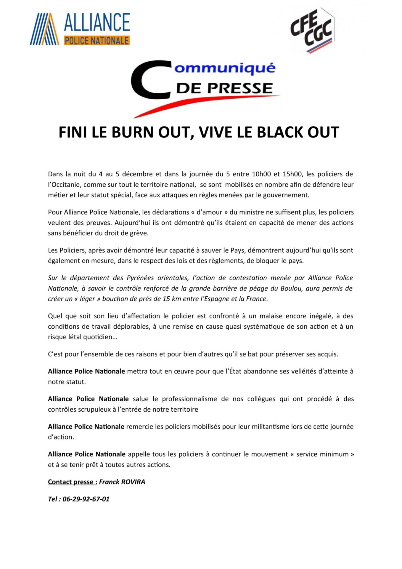 Communiqué d’Alliance Police Nationale «FINI LE BURN OUT, VIVE LE BLACK OUT»