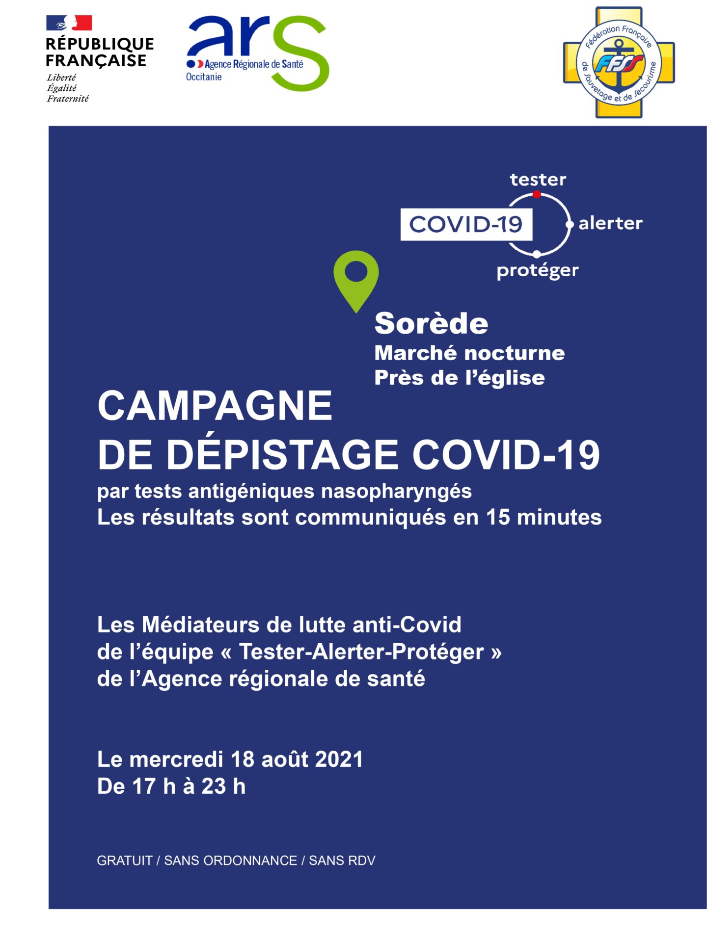 Campagne de dépistage Covid-19 le mercredi 18 août 2021 en nocturne.