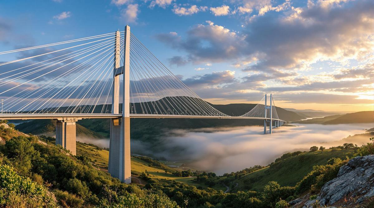 Ce pont à haubans de 343 mètres relie les causses aveyronnais dans un ballet d’acier