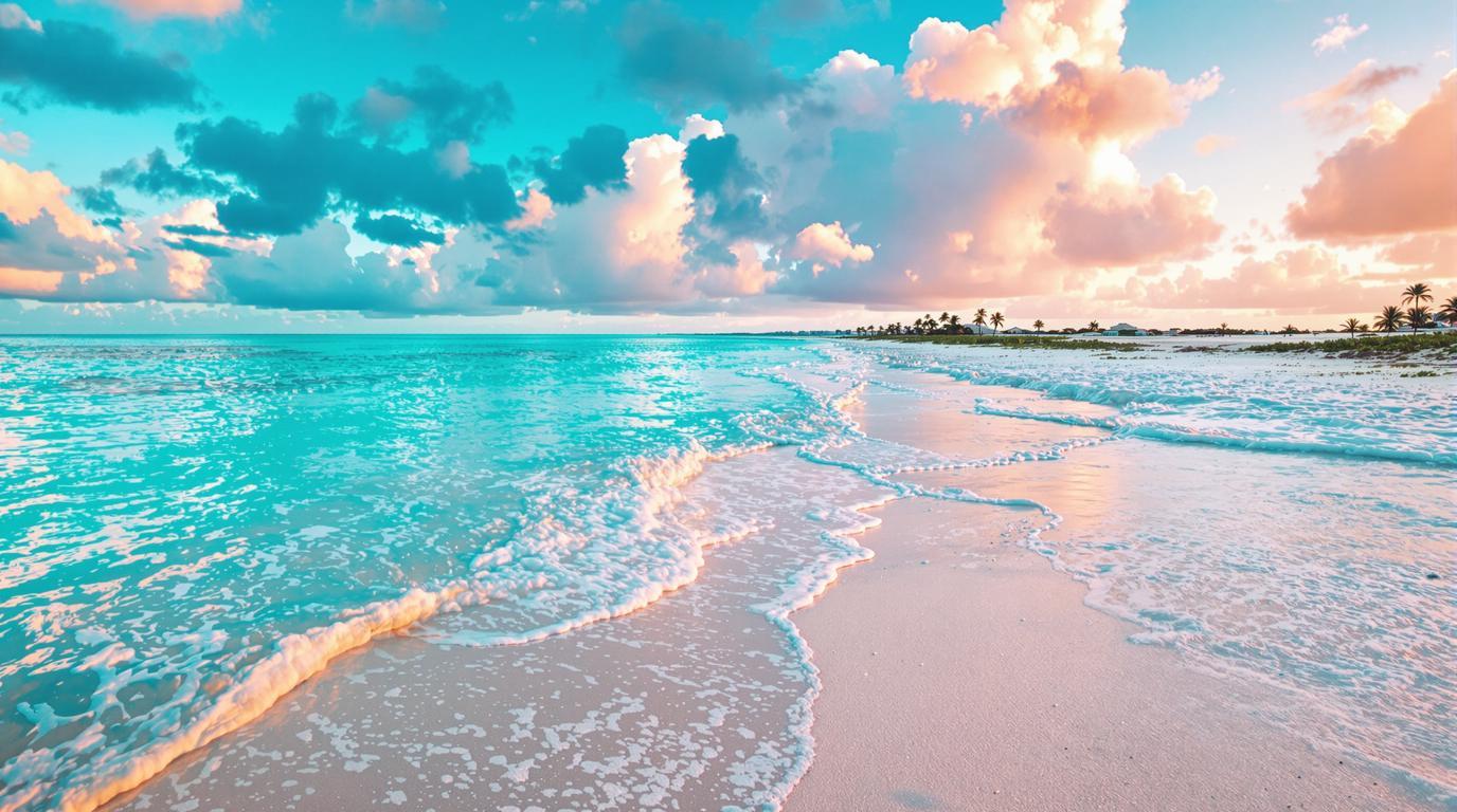 Cette plage de 5 km dont le sable rose pâle contraste avec l’océan turquoise