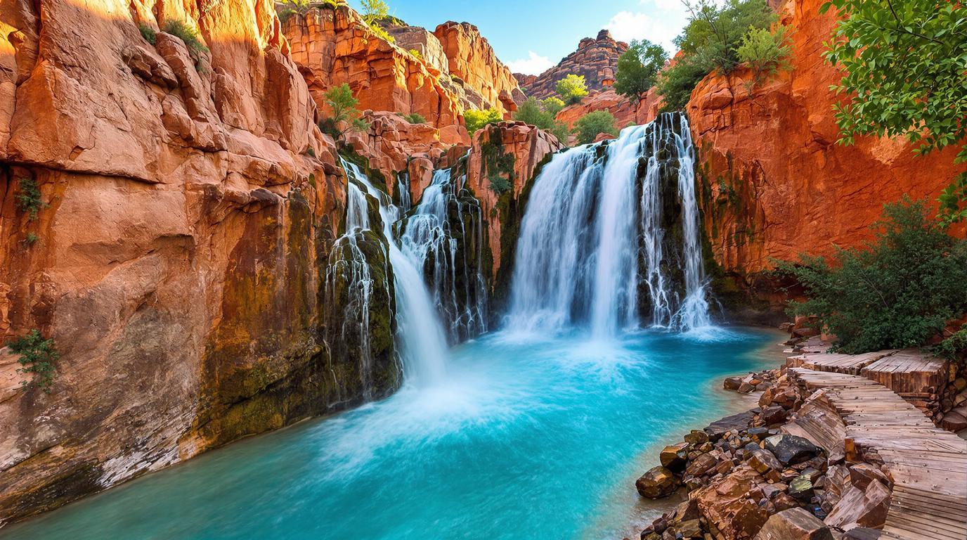 Cette cascade de 30 mètres dont l’eau turquoise descend au cœur du Grand Canyon