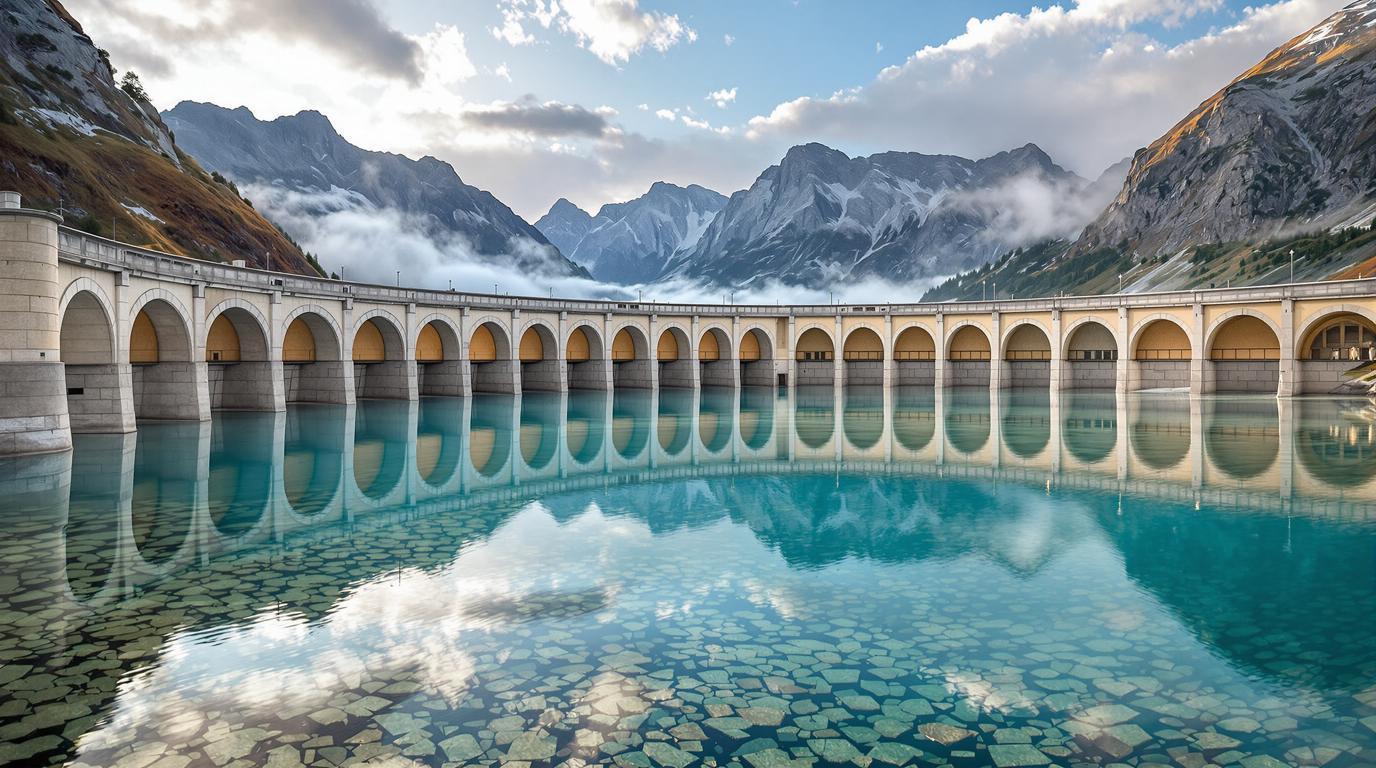 Ce lac artificiel à 1 559 mètres cache un barrage révolutionnaire aux 18 voûtes colorées