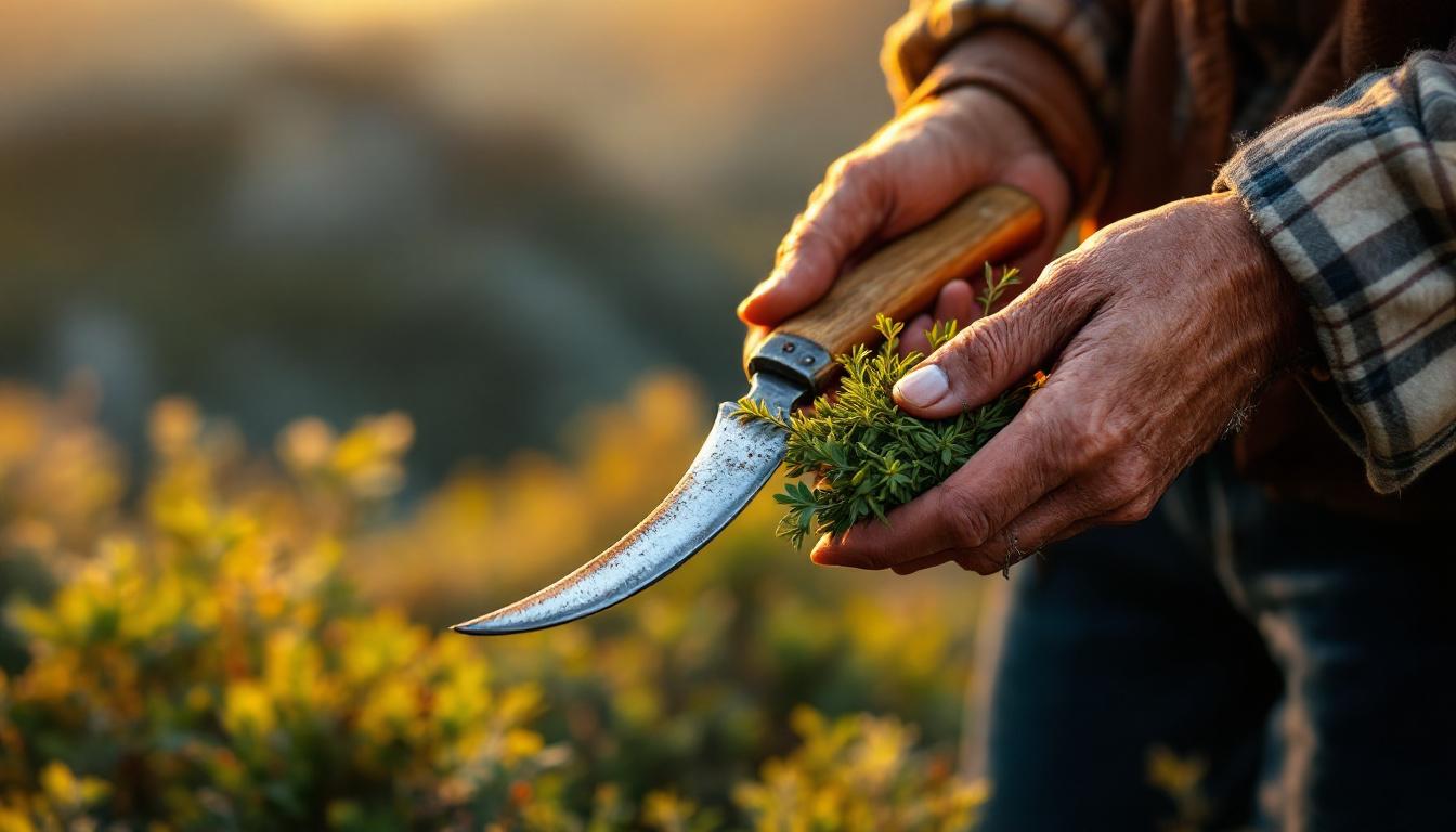 Cette faucille du Conflent que 3 cueilleuses utilisent encore pour ce thym d’altitude