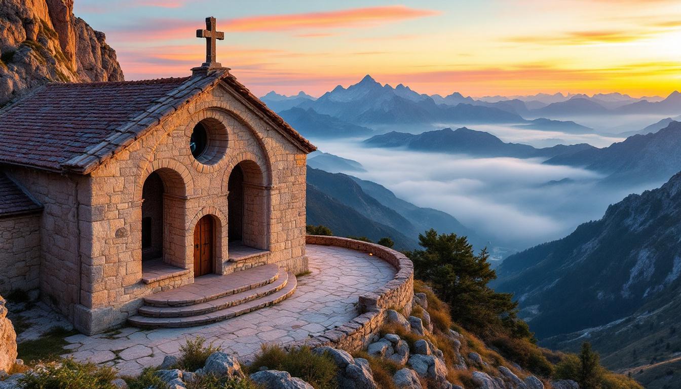 Voici la chapelle où trois pays se dévoulent depuis le plus haut clocher de Cerdagne
