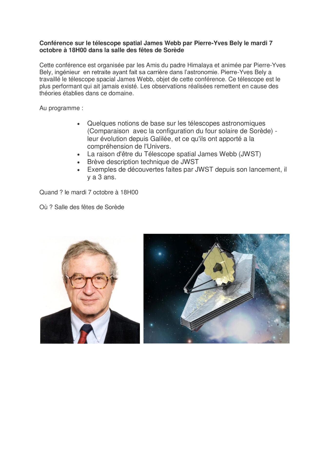 Conférence sur le télescope spatial James Webb par Pierre-Yves Bely le mardi 7 octobre à 18H00 dans la salle des fêtes de Sorède