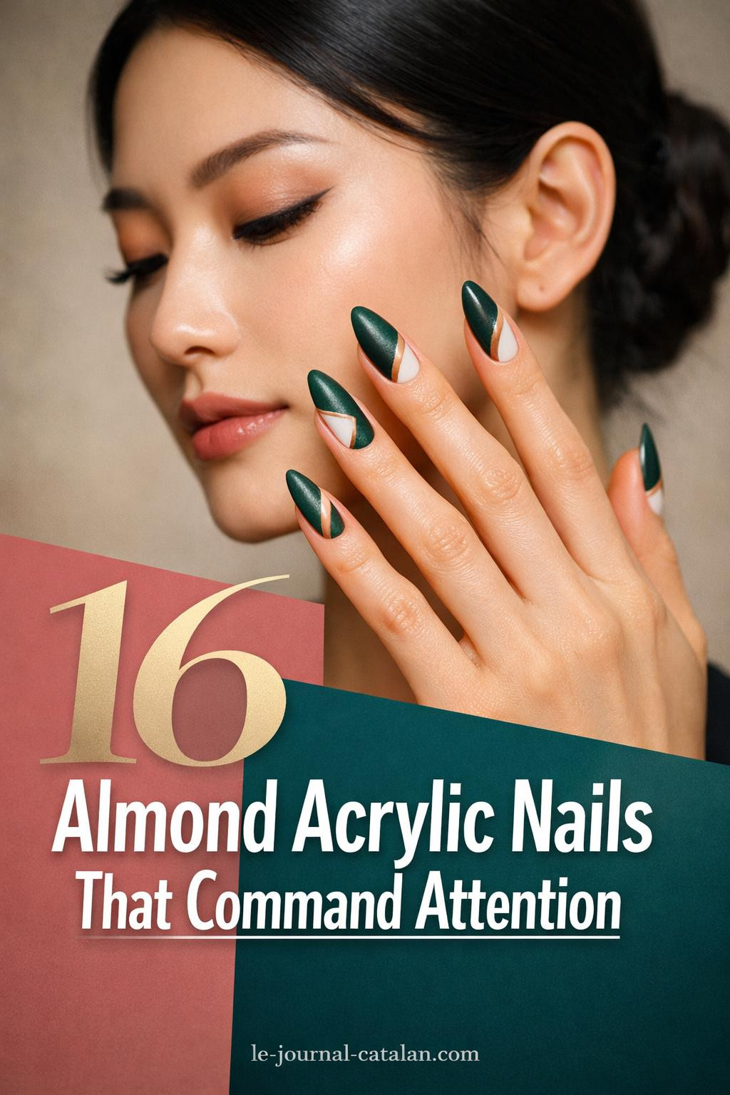 Sophisticated forest green manicure showcasing geometric negative space artistry with mixed matte shimmer finishes on perfectly shaped almond nails