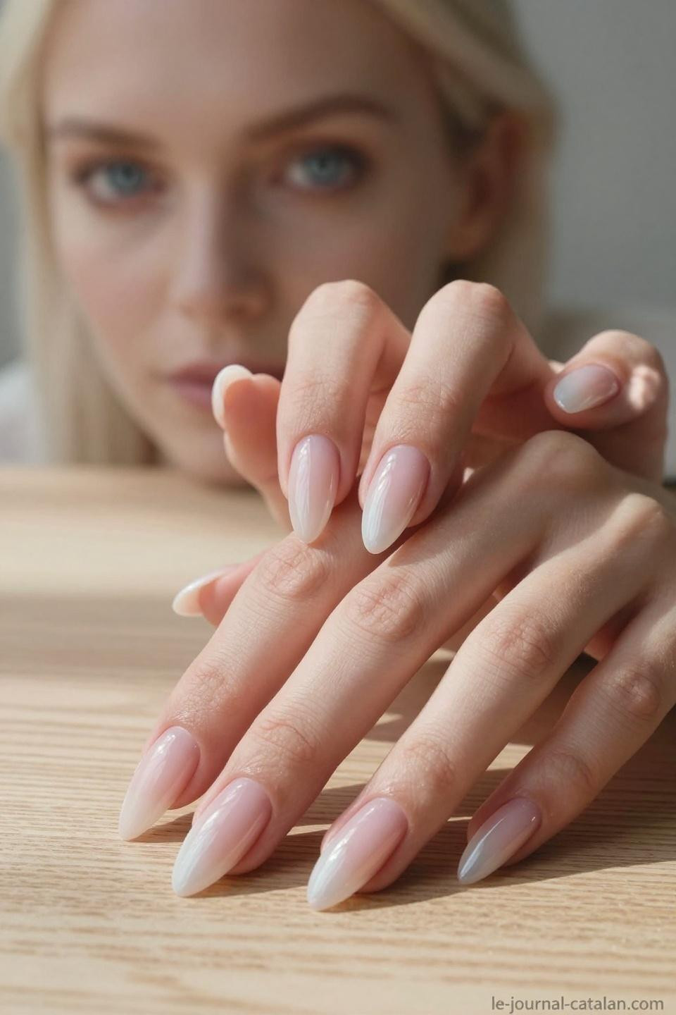 Almond Acrylic Nails featuring transparent glossy finish with dimensional depth