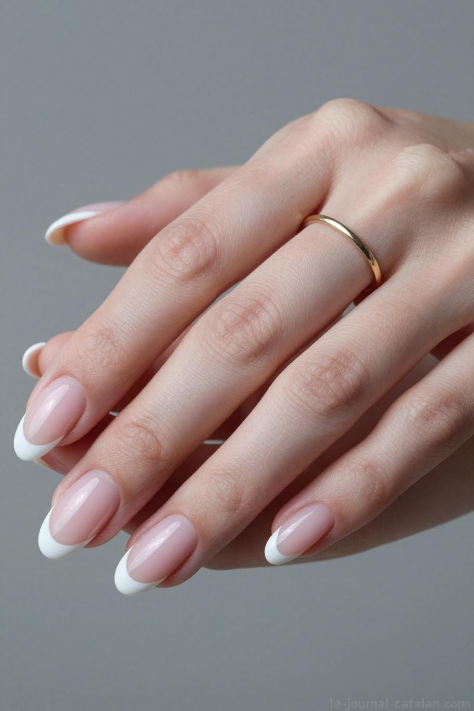 French manicured almond nails with translucent nude base and crisp white tips on elegant hands