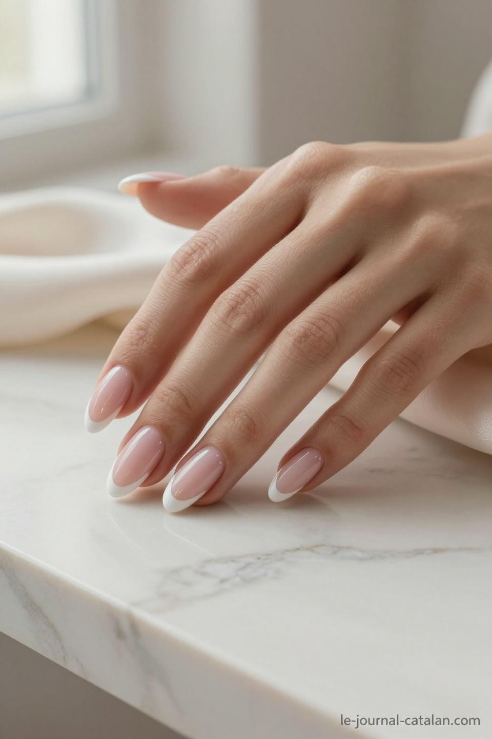 Classic French manicure on almond nails with cream silk fabric backdrop and luxury beauty composition