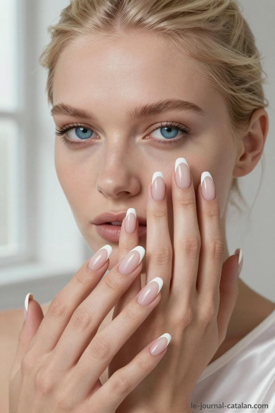 Classic French manicure on almond nails with crisp white tips against white silk backdrop