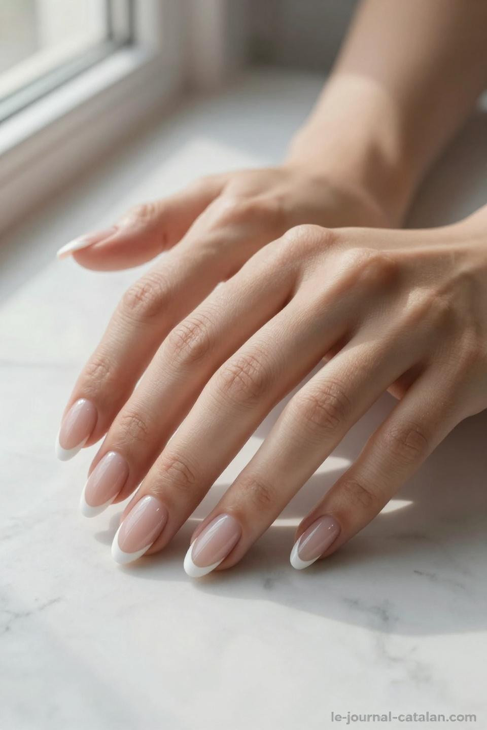 Almond French tips with natural pink base and precise white tips on hands against minimalist marble surface