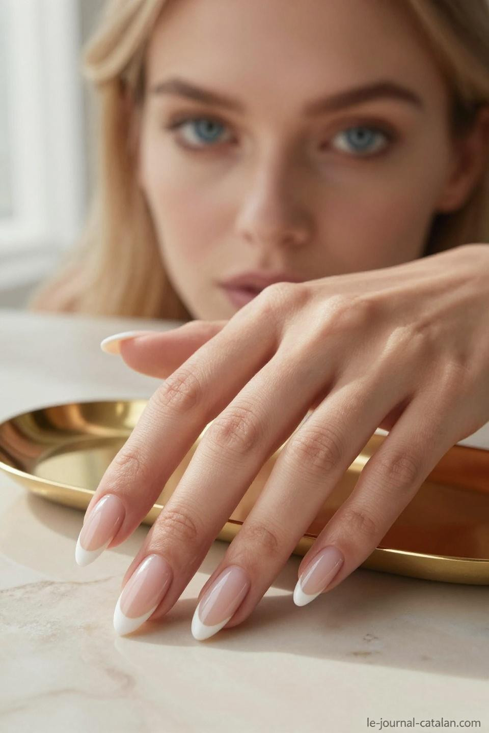 French manicured almond nails on porcelain hands against gold-veined Calacatta marble with luxury beauty styling